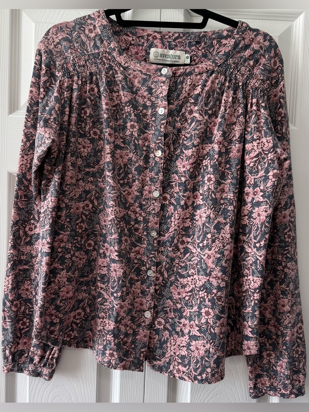 Aventura Floral Top Button Front Blouse Pink Gray Smocked Boho Top Large